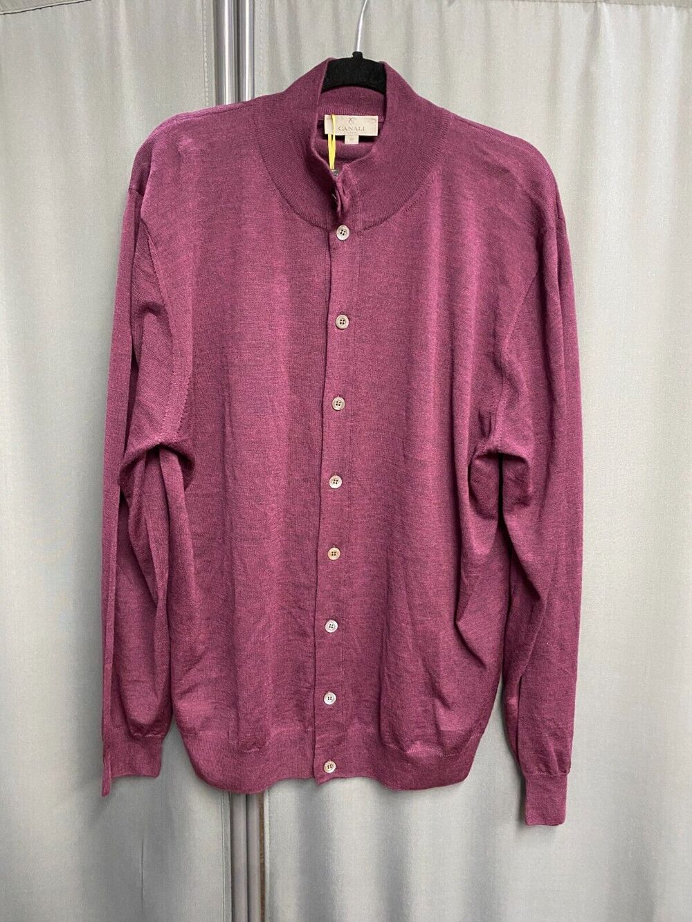 Canali Cardigan Men’s Size 60 Burgundy 100% Lana-Wool Button Up Mock Neck B73